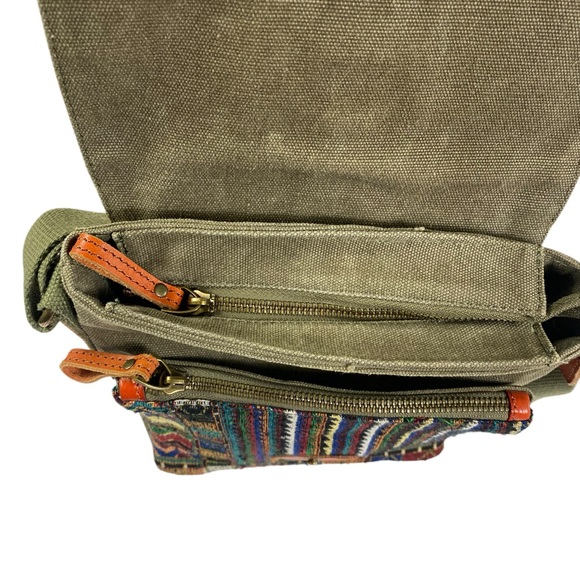 TSD BRAND Purse Earth & Style crossbody green canvas w/colorful woven fab - Picture 3 of 10